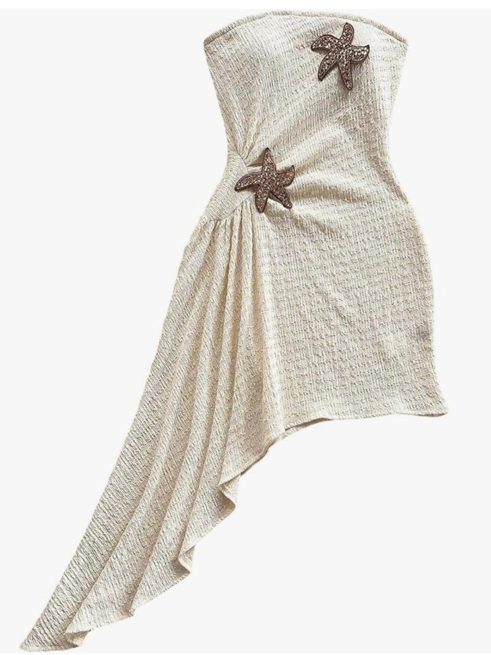 Strapless Asymmetrical Tube Dress with Starfish Embellishments - Cream